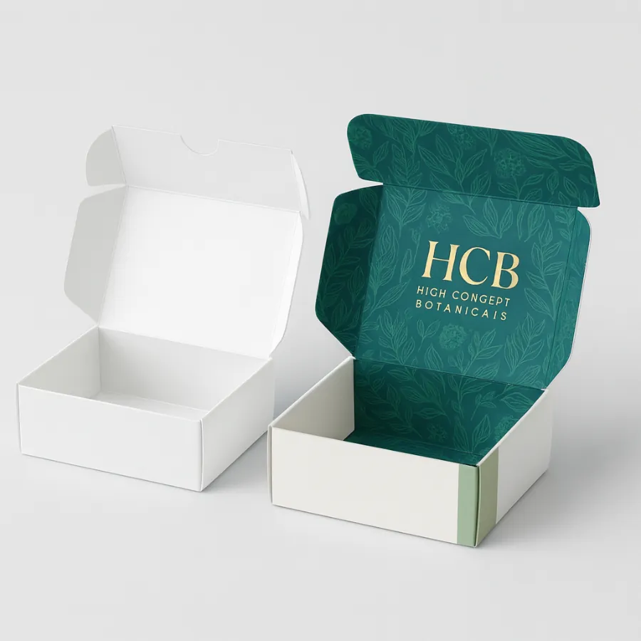 White and green branded postal-style boxes with gold foil -HCB- logo for botanicals- class=